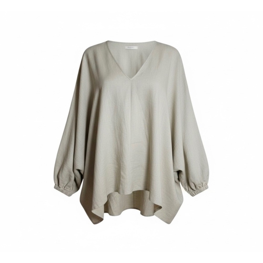 Luxmii Top Women M/L Beige Linen V-Neck Lantern Sleeve Oversized Blouse Boho
